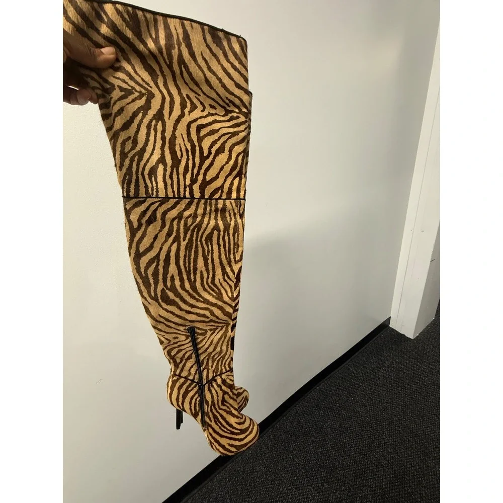 Y2K Mob Wife Tony Bianco Zebra Print Pony Hair Thigh High Stiletto Boots 9.5